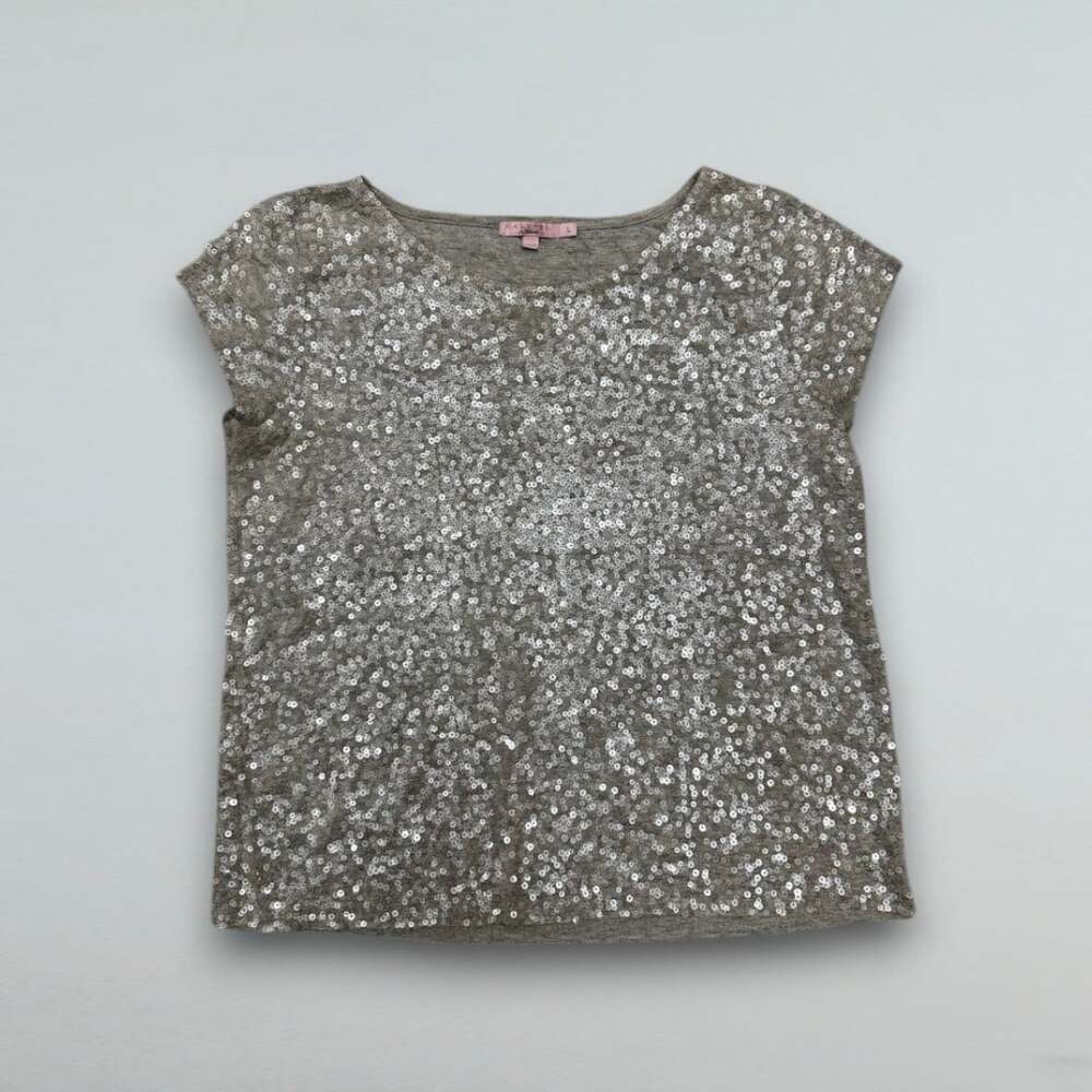 Silver Sequin Sparkle Short Sleeve Top Metallic Party Blouse Women’s Large